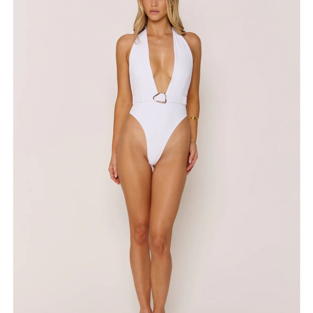 Plunge Halter White One-Piece Swimsuit with Decorative Ring